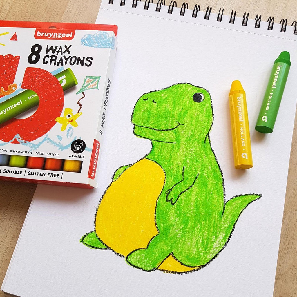 Een doos met acht Bruynzeel waskrijtjes in verschillende kleuren, perfect voor creatief tekenen en kleuren vanaf 2 jaar. Er is een mooie dino getekend in geel en groen