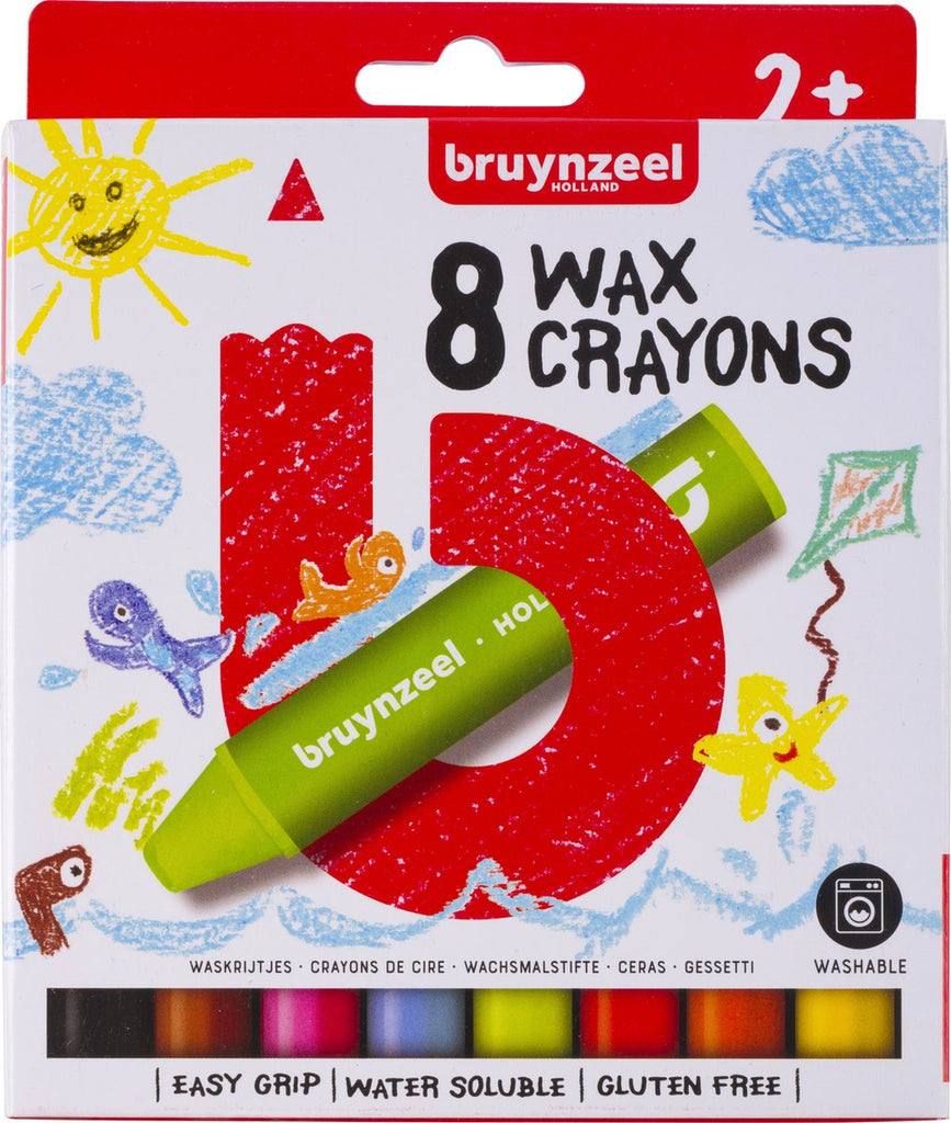 Een doos met acht Bruynzeel waskrijtjes in verschillende kleuren, perfect voor creatief tekenen en kleuren vanaf 2 jaar.